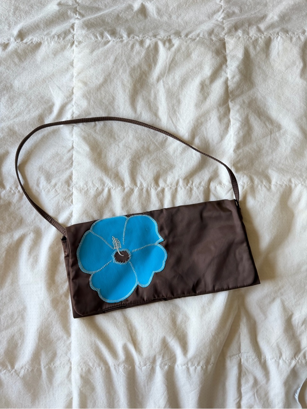 & Other Stories Brown Shoulder Bag with Bright Blue Floral Applique